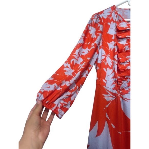 J.Crew Tiered Ruffle Midi Dress Size 6 Orange Blue Ballon Long Sleeves Floral - Picture 11 of 16